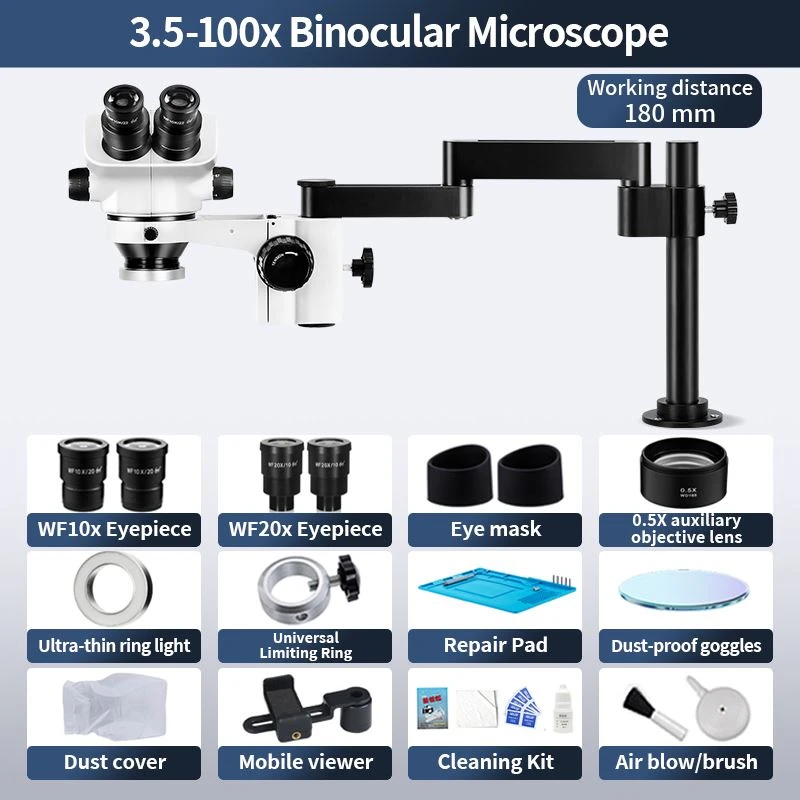 Binocular Stereo Zoom Microscope 3.5X-100X Articulating Boom Stand 180mm Working Distance WF10X WF20X Eyepieces For PCB Repair