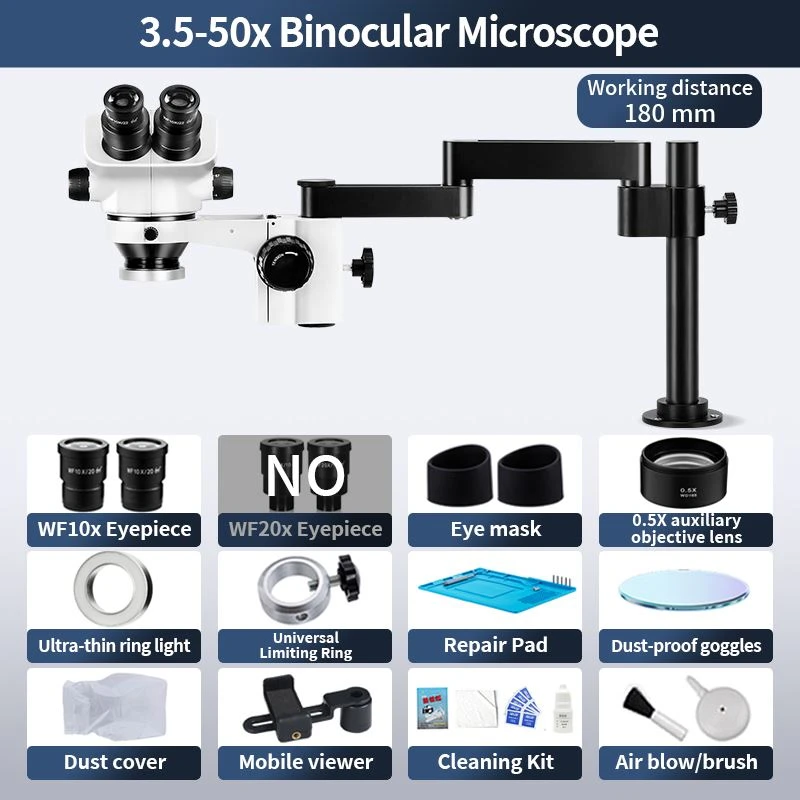 Binocular Stereo Zoom Microscope 3.5X-50X Universal Swivel Arm 180mm Working Distance Ultra-Thin Ring Light For SMT Soldering