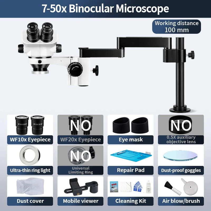 Binocular Zoom Stereo Microscope 7X-50X Swivel Arm Stand 100mm Working Distance For Mobile Phone Repair Electronics Assembly