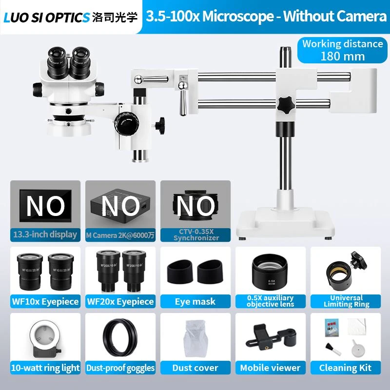 Jewelry Watchmaking Trinocular Stereo Microscope 3.5X-100X Dual Rail Boom Stand With 10W Ring Light For Precision Assembly