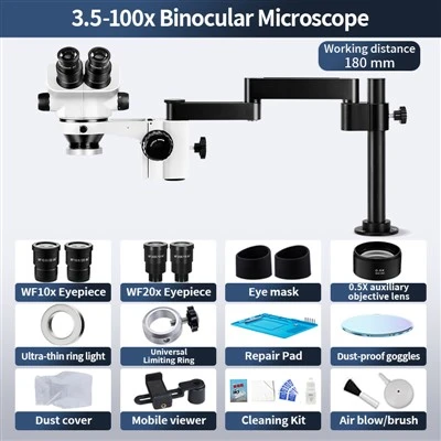 Binocular Stereo Zoom Microscope 3.5X-100X Articulating Boom Stand 180mm Working Distance WF10X WF20X Eyepieces For PCB Repair