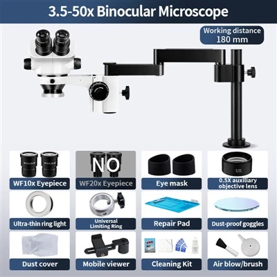 Binocular Stereo Zoom Microscope 3.5X-50X Universal Swivel Arm 180mm Working Distance Ultra-Thin Ring Light For SMT Soldering