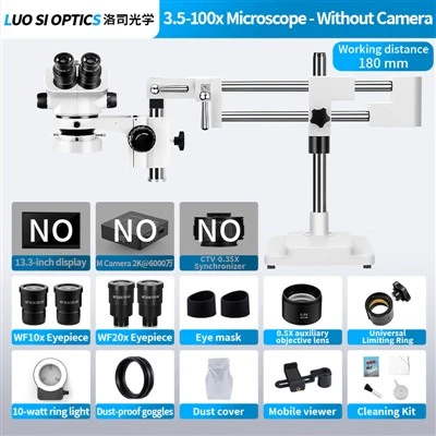 Jewelry Watchmaking Trinocular Stereo Microscope 3.5X-100X Dual Rail Boom Stand With 10W Ring Light For Precision Assembly