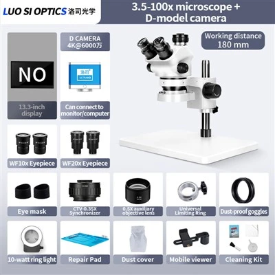SZM7050 Trinocular Stereo Zoom Microscope 3.5X-100X With 4K UHD HDMI Camera Small Base For Dental Lab Prosthetics