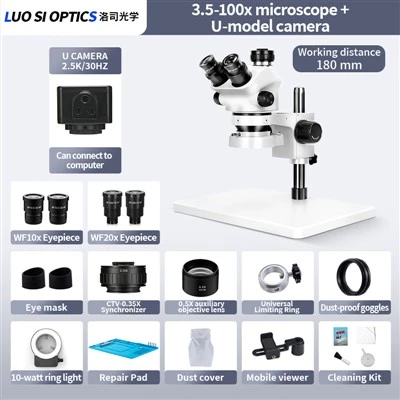 SZM7050 Trinocular Stereo Zoom Microscope 3.5X-100X With 2.5K USB Digital Camera Pillar Stand For PCB And Chip-Level Repair
