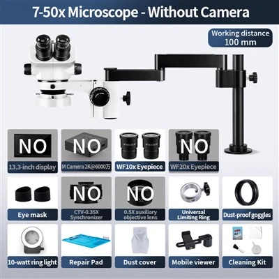 Trinocular Stereo Microscope 7X-50X No Camera Articulating Arm 100mm Working Distance For Jewelry Stone Setting Repair