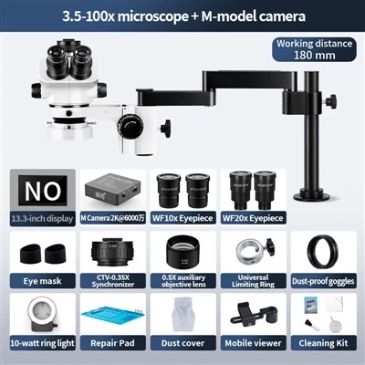 Trinocular Stereo Zoom Microscope 3.5X-100X Folding Arm 2K 60MP M Camera 180mm Working Distance For SMT PCB Inspection