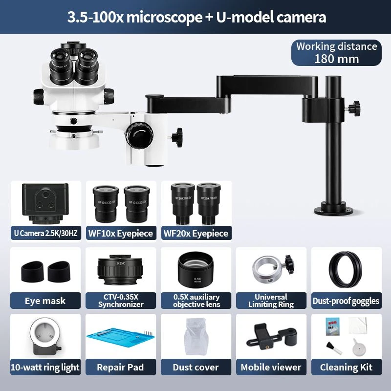 Trinocular Stereo Microscope 3.5X-100X Swivel Boom Arm With 2.5K U Camera 180mm Working Distance For Clock Repair