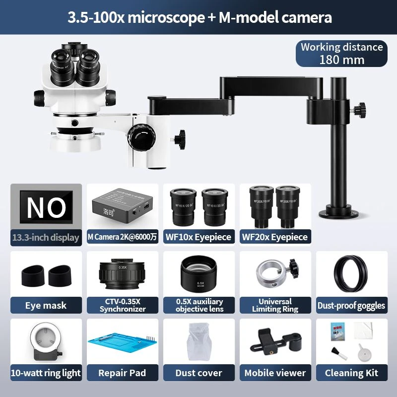 Trinocular Stereo Zoom Microscope 3.5X-100X Folding Arm 2K 60MP M Camera 180mm Working Distance For SMT PCB Inspection