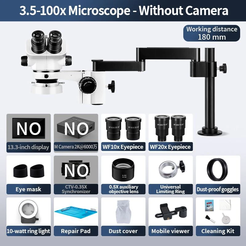Trinocular Stereo Zoom Microscope 3.5X-100X No Camera 360 Degree Swivel Arm 10W Ring Light 180mm Working Distance